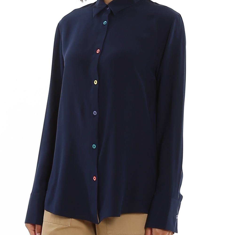 Paul Smith Navy Long-Sleeve Button-Front Blouse with Multicolor Buttons